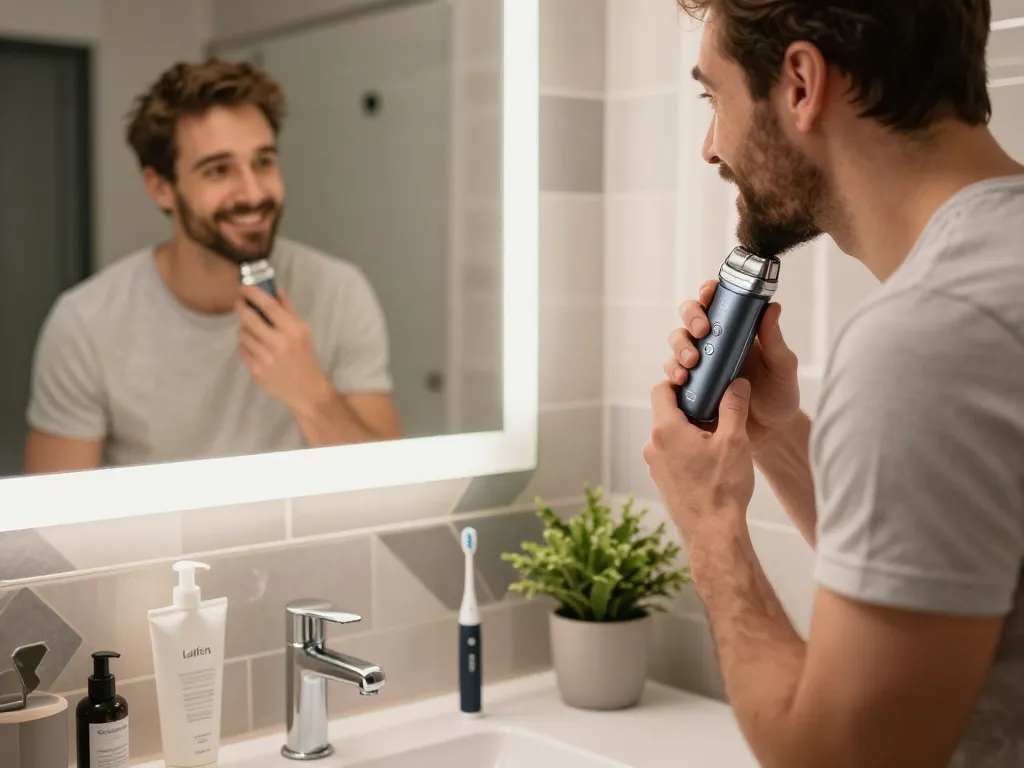 Man grooming with a Laifen shaver in a modern bathroom, showcasing sleek design and personal care.