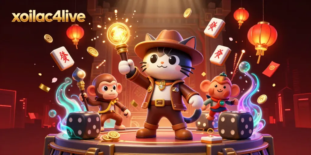 Experience the thrill of xoilac4live with a vibrant scene featuring an explorer cat and monkey companion amidst rich casino artifacts.