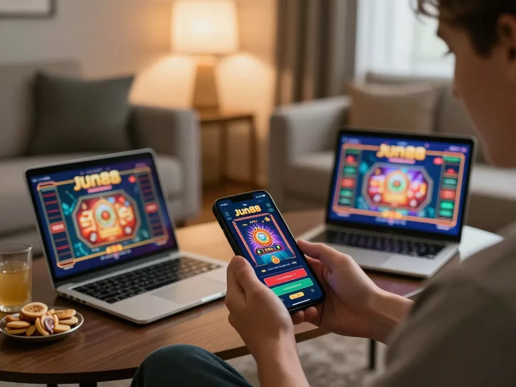 Engaged player enjoying Jun88 mobile app gameplay at home, vibrant screen showing online casino game