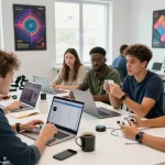 Group discussing affordable tech gadgets in a bright modern workspace.