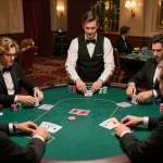 Pemain terlibat dalam permainan poker yang intens di kasino mewah, memperlihatkan tumpukan chip dan tindakan strategis terkait rokok 88.