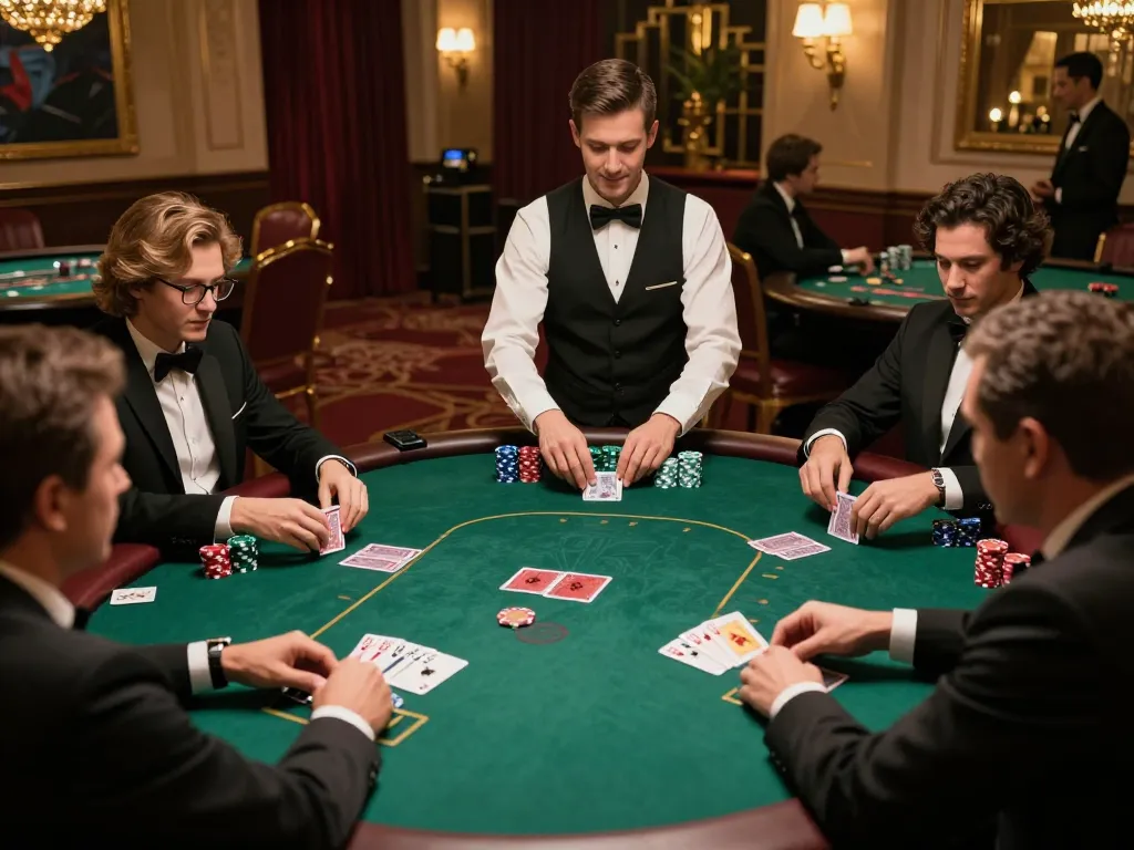 Pemain terlibat dalam permainan poker yang intens di kasino mewah, memperlihatkan tumpukan chip dan tindakan strategis terkait rokok 88.