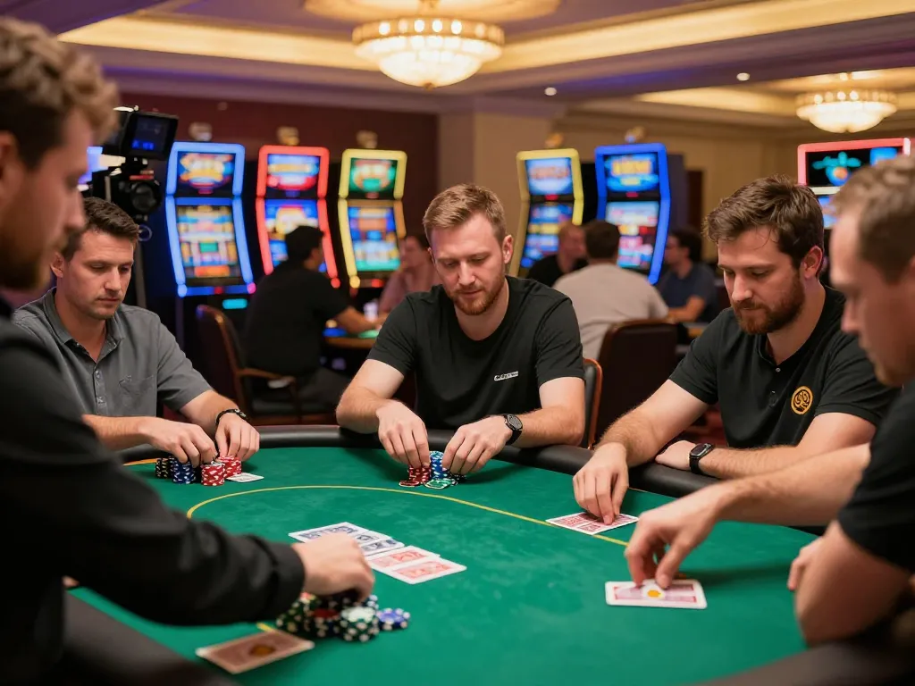 Các người chơi LUCK8 đặt cược một cách chiến lược tại bàn poker có mức cược cao trong một sòng bạc sang trọng.