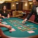 Players placing bets at xin88's roulette table in a vibrant casino atmosphere