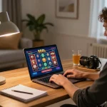 Player engaging in online casino action on 888b with cozy home atmosphere and strategic notes.