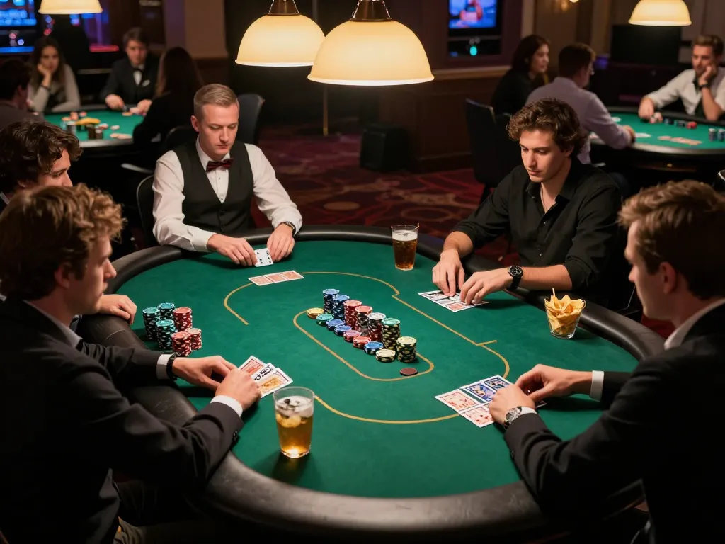 Players strategizing during a tense poker game at Dabet casino, showcasing dynamic poker action.