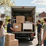 Professionelles Umzugsteam von Umzugsunternehmen Hannover lädt Möbel in einen Lkw in einem Wohngebiet.