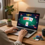 Enjoying a live poker game on lc88 trang chủ at home, showcasing an online gaming setup