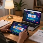 Engaging player enjoying KWIN online casino experience on tablet, showcasing poker game with colorful cards and chips
