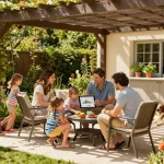 Experience outdoor living with a 3D Pergola Configurator showcasing a family around their newly designed pergola.