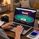 Play poker at Vin88 with a live dealer, showcasing strategic gameplay in a cozy home setting.