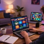Player enjoying slots on Go99 platform in a cozy home office setting with strategic notes and a coffee.