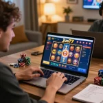 Player enjoying jus77 online slots in a stylish home office, showcasing vibrant screen and excitement