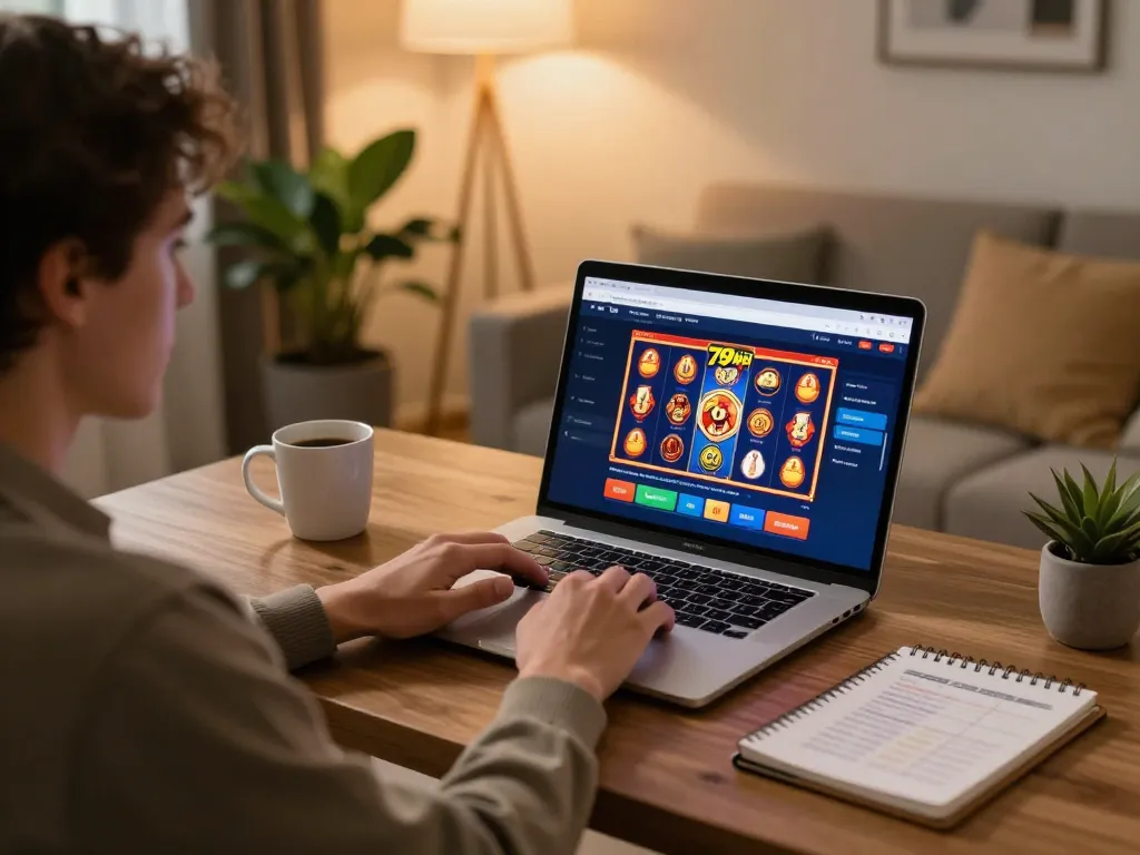 Engaging in 79win online casino gaming from home, showcasing a stylish setup and strategy notes.