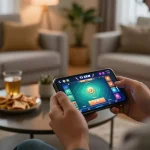 Engaging in a tài xỉu online game on smartphone amid a cozy home setting