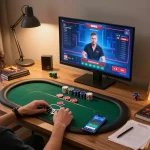 Lu88 player enjoying poker online with tablet and strategy notes at home.