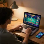 Engaged player enjoying Lucky88 casino online game with strategic focus on laptop screen.