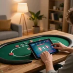 Sky88co user engages in online poker gaming, showcasing a cozy home atmosphere with strategic focus.