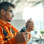 Expert commercial electrician vancouver inspecting wiring in a modern office setting.