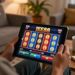 Engaged player enjoying ee88's casino app gameplay in a cozy living room.