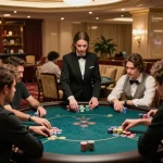 Người chơi KO66 đang chiến lược tại một bàn poker cược cao trong môi trường casino sang trọng