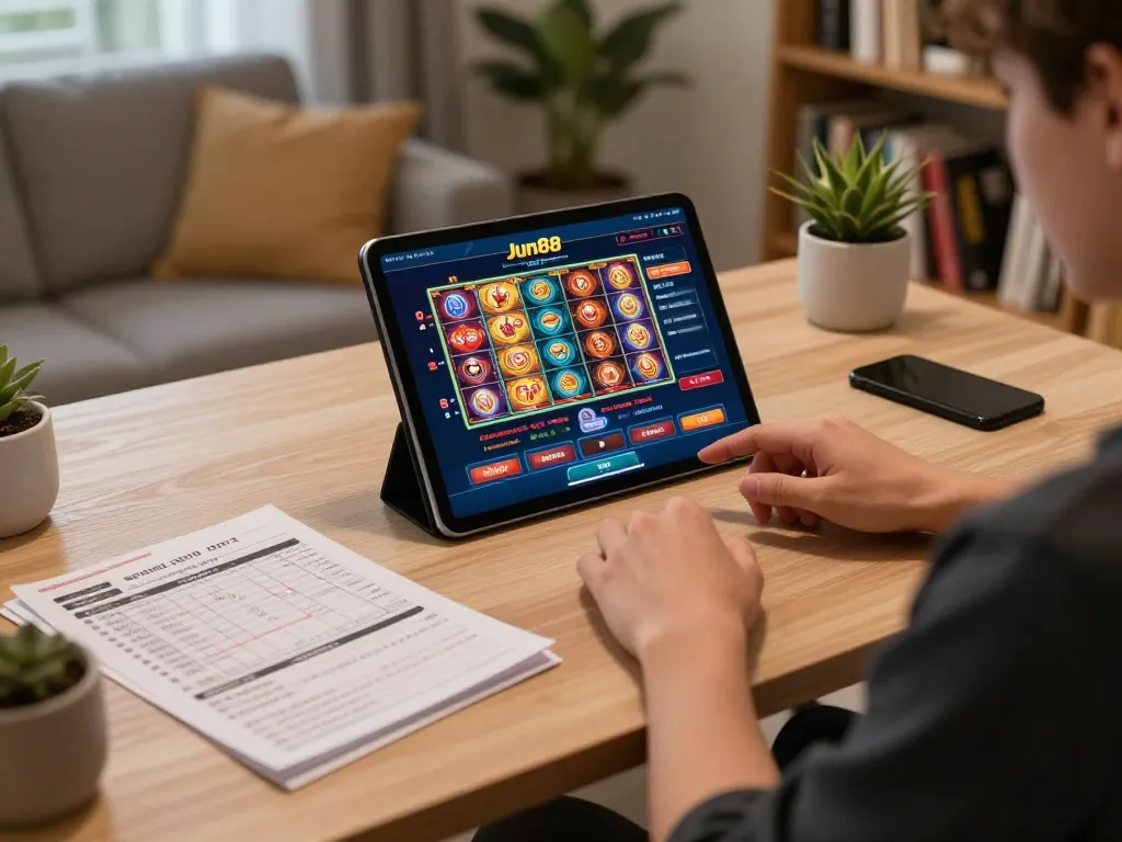 Engaging with Jun88 phiên bản 1 online casino on tablet in a cozy home office, showcasing poker and slots.