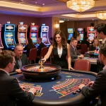 PH22 players engaging with roulette and slot machines in a vibrant casino atmosphere