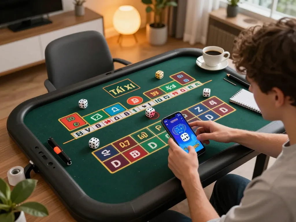 Tài xỉu online uy tín gameplay with a player analyzing betting options on mobile device in modern home.
