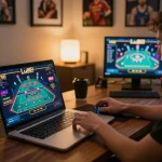 Experience thrilling online gambling with Lu88 in a cozy home setting, player engaging with live dealer game.