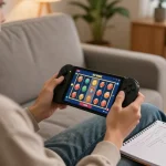 Player enjoying SC88E online casino on a smartphone, with strategic betting notes nearby in a cozy home setting.