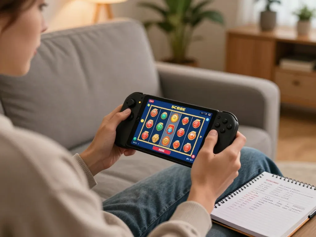 Player enjoying SC88E online casino on a smartphone, with strategic betting notes nearby in a cozy home setting.