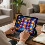Engaging moment of a player using vb88game on a tablet in a cozy living room.
