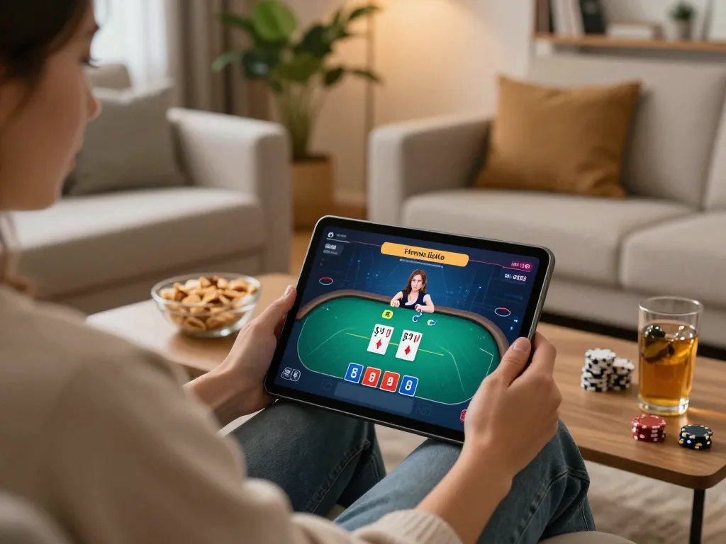 Engaging player using gamebaidoithuong8 on a tablet while enjoying a cozy home atmosphere.