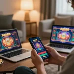 Engaged player enjoying Jun88 mobile app gameplay at home, vibrant screen showing online casino game