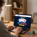 Engaging in Rik88 đăng nhập while playing online poker, showcasing a cozy home gaming environment with laptop and strategy notes.