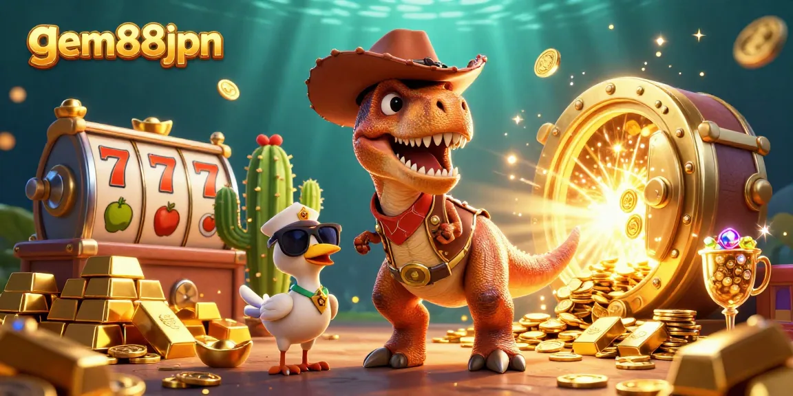 Experience the thrill of gem88jpn with animated slot reels and vibrant characters in a rich casino scene.