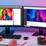 Engaging scene of a user interacting with an AI nsfw image generator, displaying vibrant visuals and chat dialogue in a modern workspace.