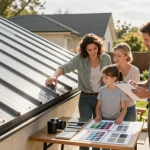 Mississauga metal roof company consultation with a family inspecting roofing options at home.