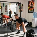 Anabolika Shop Deutschland - Dynamische Fitnessszene mit Bodybuildern, die intensives Training umgeben von modernem Fitness-Equipment und motivierender Dekoration betreiben.