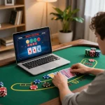 gg88 pro player engaging in an online blackjack game while seated at a cozy workspace, showcasing strategy and comfort.