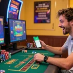 Spieler in einem Paysafe Card Casino, der online spielt, mit einem lebhaften Hintergrund und Spielzubehör.