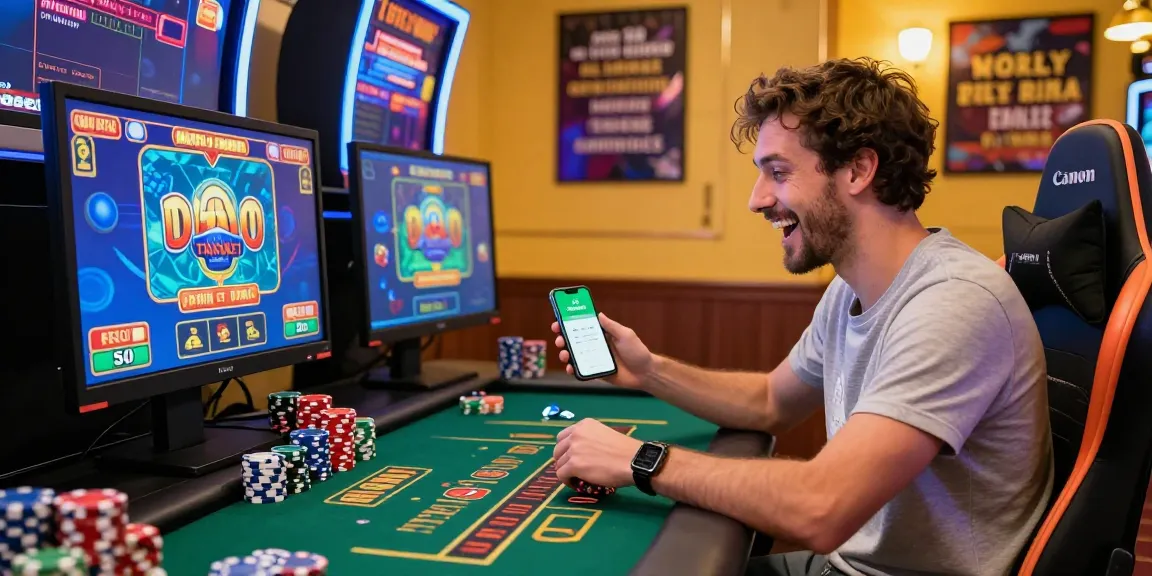 Spieler in einem Paysafe Card Casino, der online spielt, mit einem lebhaften Hintergrund und Spielzubehör.