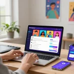Engaging user interaction with CrushOn AI on a sleek laptop, showcasing vibrant character avatars and customization features.