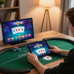 SUNWIN online casino gaming setup featuring a player engaged in poker strategy with tablet and warm lighting.