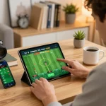 Sunwin player engaged in live sports betting on a tablet with odds displayed, highlighting strategic gaming.