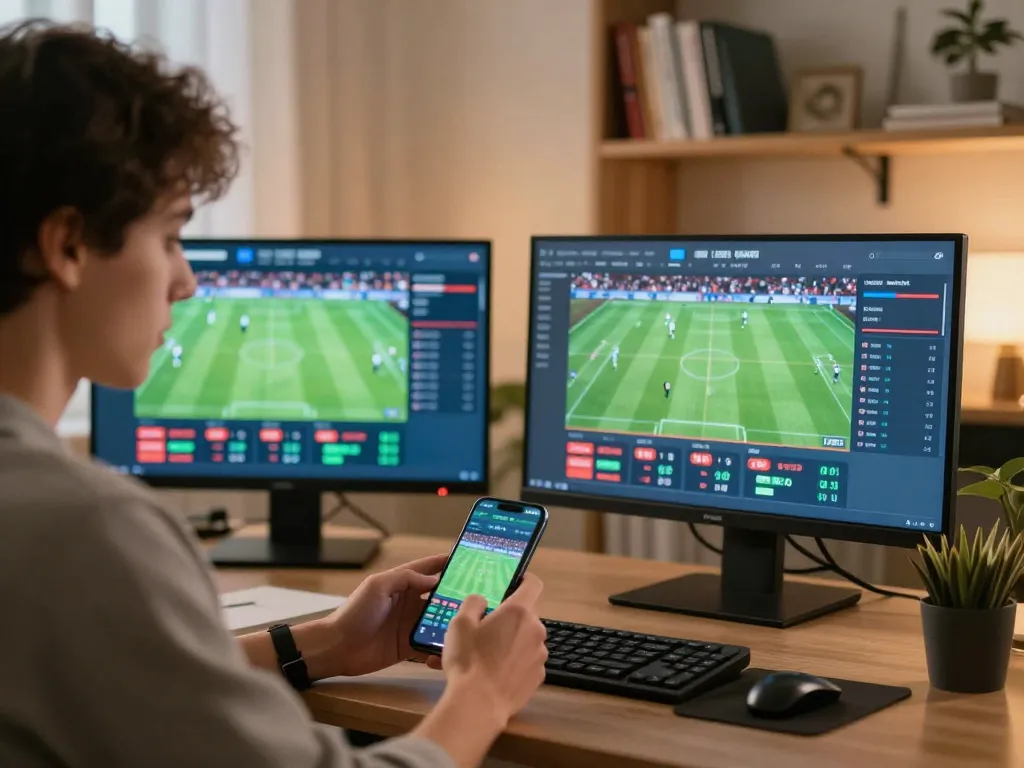 Kết quả bóng đá shown on multiple screens as a person actively engages in online betting.
