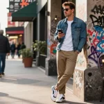 Young man in stylish men's fashion outfit showcasing urban style against street art backdrop.