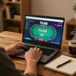 Engaging with Tic88 đăng nhập on a laptop during a cozy home gaming session with strategic notes.