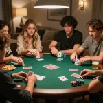 Friends engage in lively poker game, showcasing say88 strategies and friendly competition atmosphere.