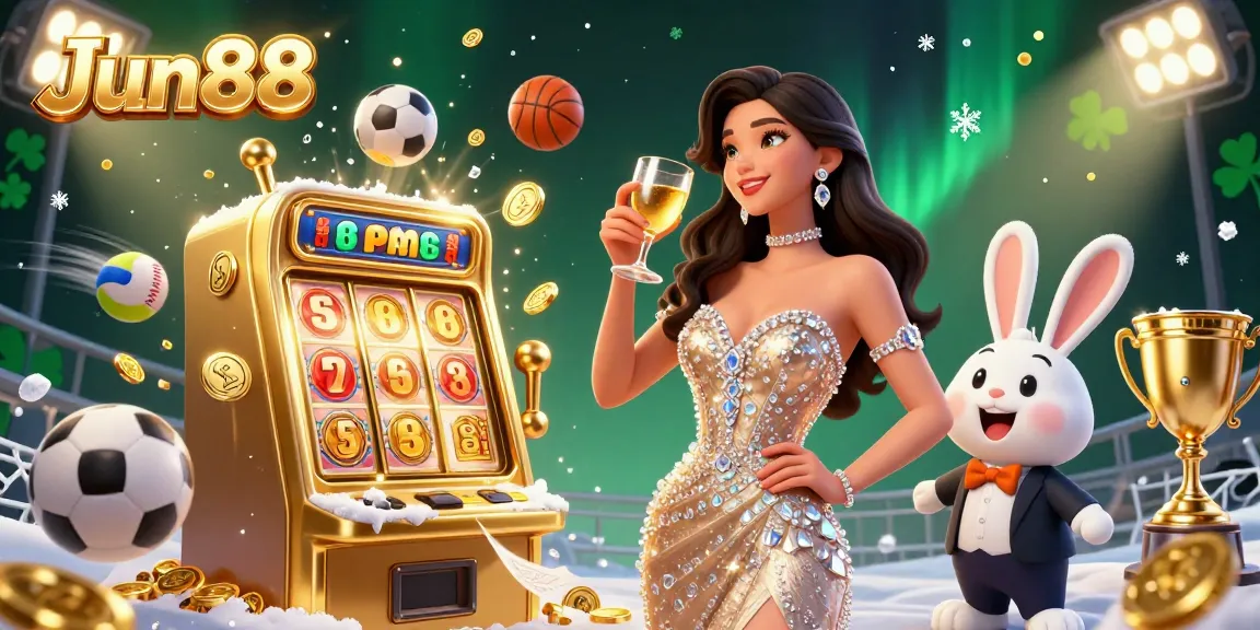 Experience thrilling wins at Jun88 with a dazzling golden jackpot celebrating success and excitement in this casino-themed illustration.